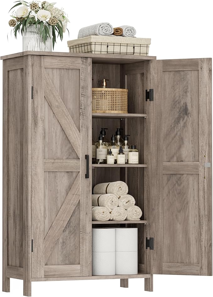 Homleke Farmhouse Bathroom Cabinet with Adjustable Shelves, Free-Standing Storage Cabinet with Barn Doors, for Kitchen, Living Room, Dining Room, Entryway, Greige