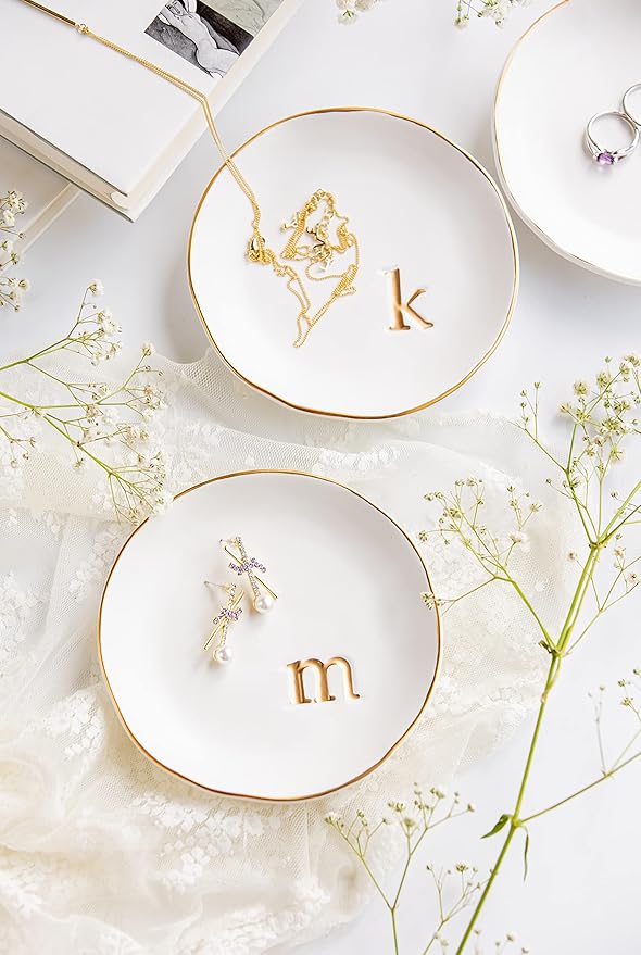 COLLECTIVE HOME - Ceramic Jewelry Tray, Decorative Trinket Dish for Rings Earrings Necklaces Bracelet Watch Keys, Birthday Mother's Day Christmas Gift for Women, 4.75", White Surface (N)