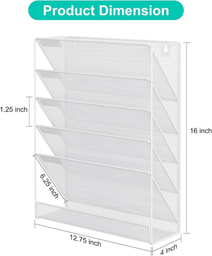 EasyPAG 5 Tier Wall File Holder, Mesh Hanging Folder Organizer with Classify Label, Versatile Desk File Holder, Vertical Wall Mounted Mail Organizer for Office Home Cubicle, White