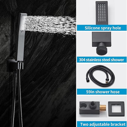 Matte Black Faucet Set Shower Head with Tub Spout and Handle System Square Wall Mount for Bathroom