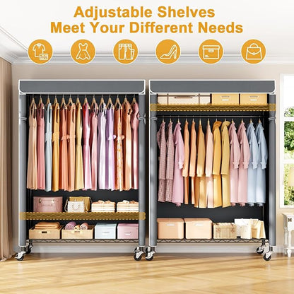 P6C Plus Rolling Clothes Rack with Cover, Covered Clothing Rack Heavy Duty, Portable Closet for Hanging Clothes, Garment Rack on Wheels, Black Closet Rack with Gray Cover, Max Load 375LBS