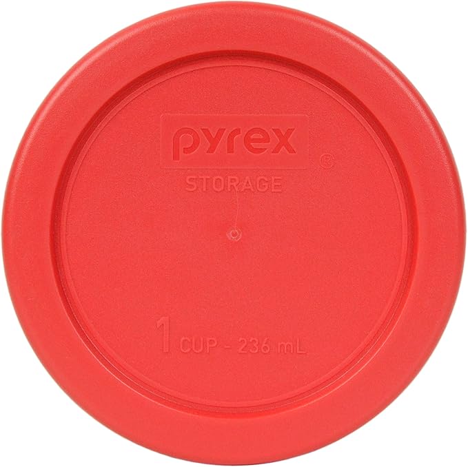 Pyrex (2) 7202-PC 1 Cup, (2) 7200-PC 2 Cup, (2) 7201-PC 4 Cup, (2) 7402-PC 6/7 Cup Red Round Plastic Food Storage Lids, Made in USA