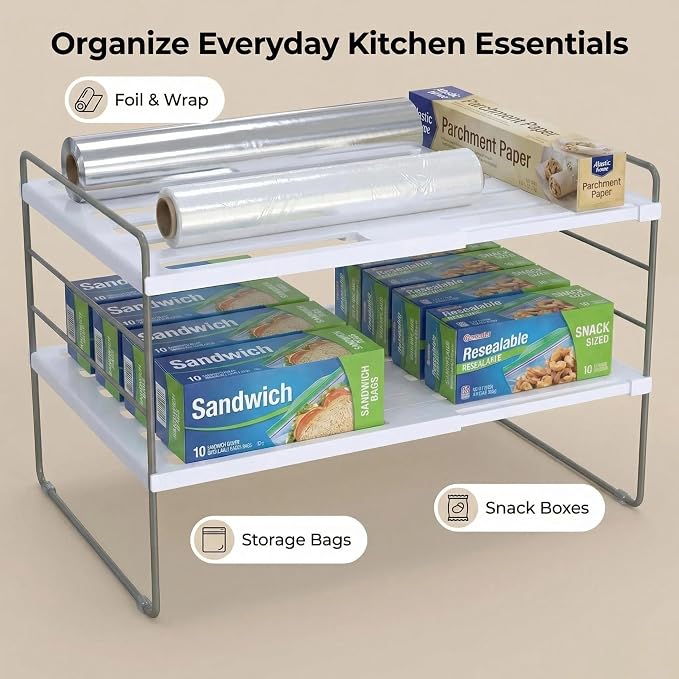 YAN & HIN 2 Pack Expandable Cabinet Organizer Shelf, 3-Tier Kitchen Cabinet Organizer for Tupperware & Food Container Storage, Adjustable Pantry Shelf Organizer for Bottles, Lids & Countertop