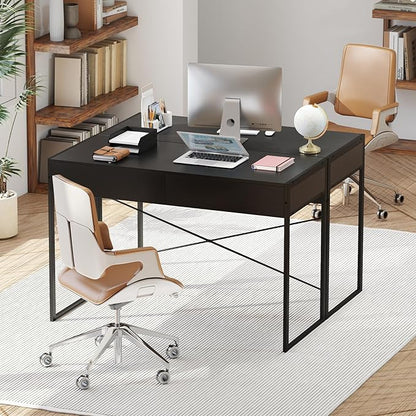 GOFLAME Modern 2-Drawer Computer Desk, Home Office Desk w/Reinforced Heavy-Duty Metal Frame, Versatile Study Writing Desk w/Anti-Tip Kit, Ideal for Bedroom, Study, Office, Small Spaces, Black