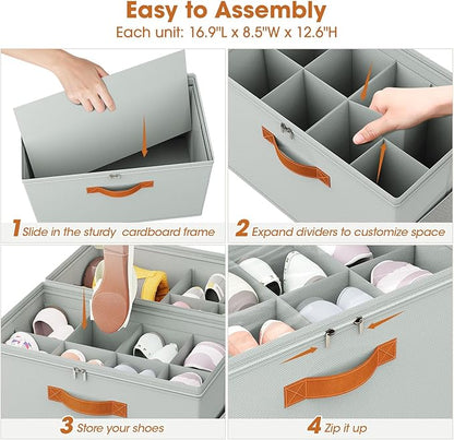 2 Pack Shoe Organizer for Closet,Foldable Shoe Storage Organizer with Adjustable Dividers, Shoe Storage Box with Clear Cover, Fits up to 16 Pairs, Gray