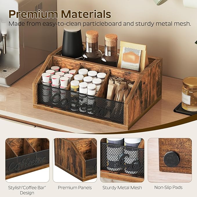 YATINEY Coffee Pod Organizer, Wooden Coffee Bar Organizer for Countertop, Versatile Pod Holder with Dividers, Holds Syrup, Cups, Tea Bags, Easy Assembly, Rustic Brown KH11BR