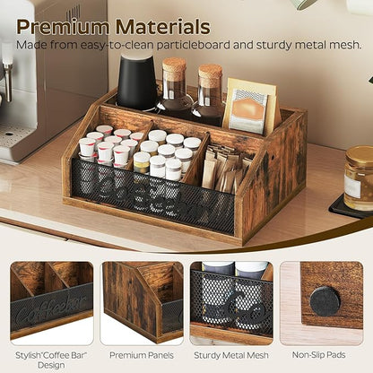 YATINEY Coffee Pod Organizer, Wooden Coffee Bar Organizer for Countertop, Versatile Pod Holder with Dividers, Holds Syrup, Cups, Tea Bags, Easy Assembly, Rustic Brown KH11BR
