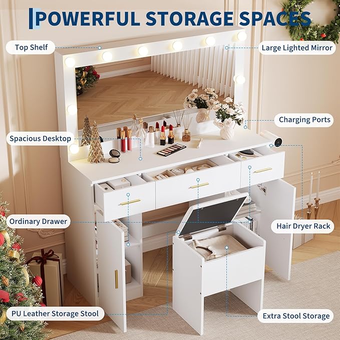 IDEALHOUSE Makeup Vanity Desk with Mirror and Lights, Modern White Vanity Table with Drawers, Charging Station & Storage Stool, Wood Make Up Vanity Set for Bedroom Apartment
