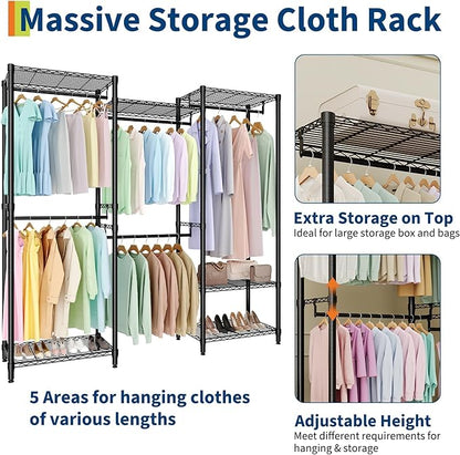 4-Tier Heavy Duty Clothes Rack, 1430LBS Load, Sturdy Metal Garment Rack with Wire Shelves, Multi-Functional Wardrobe Closet with Hanger Rods for Hanging Clothes, 15.5" D x 67.6" W x 76.5" H