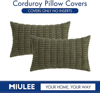 MIULEE Pack of 2 Spring Corduroy Decorative Lumbar Throw Pillow Covers 20x12 Inch Soft Boho Striped Pillow Covers Modern Farmhouse Home Decor for Summer Sofa Living Room Couch Bed Olive Green
