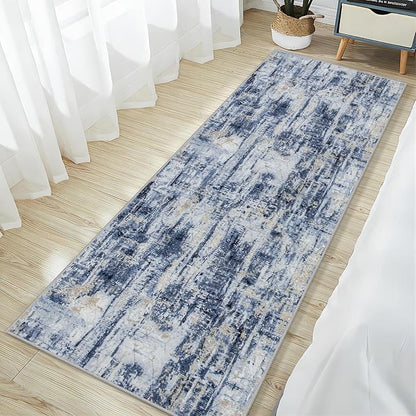 2'6''x8' Runner Rugs Washable Rug: Modern Abstract Hallway Runner Rug Indoor Soft Low Pile Thin Carpet Anti-Skid Non-Shedding Carpets for Kitchen, Entryway, Laundry, Bedroom - Blue Gold