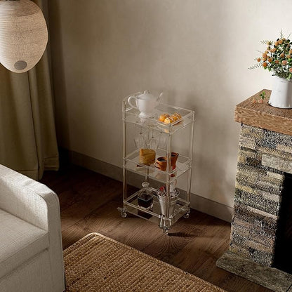 Eglaf Small Acrylic Bar cart - 3 Tier Home Bar Cart Rolling Serving Cart with 4 Lockable Wheels, Glass Holders, Handle, for Living Room, Kitchen, Bedroom, Bar, 15.6" L x 11.6" W x 35" H