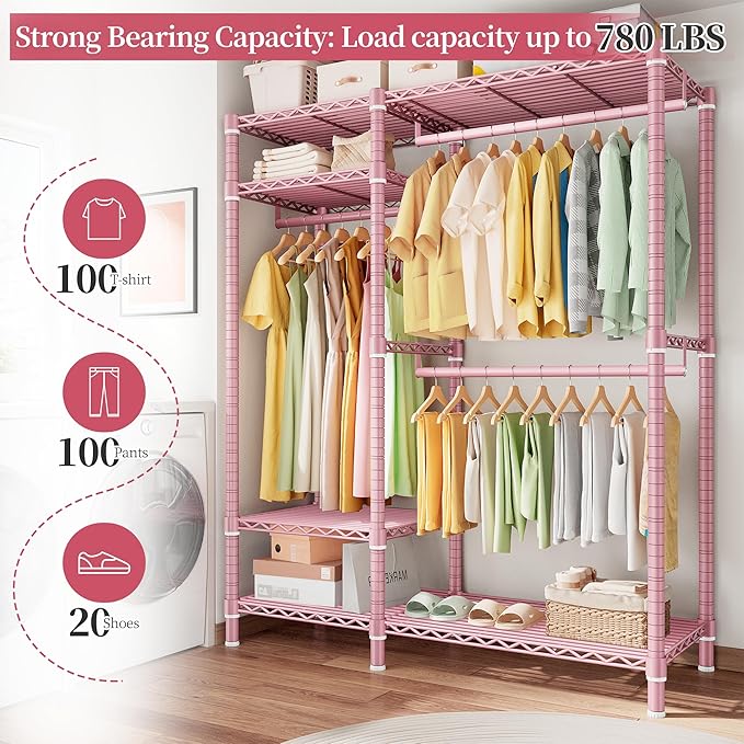 Raybee Clothes Rack Heavy Duty Loads 780LBS Clothing Racks for Hanging Clothes Adjustable Metal Portable Closet, 45.5" W x 77" H x16.5 D Pink