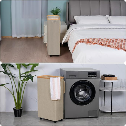 efluky Slim Laundry Hamper with Wheels, Narrow Laundry Basket with Lid and Removable Bag, Aesthetic Dirty Clothes Hamper on Wheels for Laundry Room, Bedroom, Dorm and Bathroom, 75L Beige