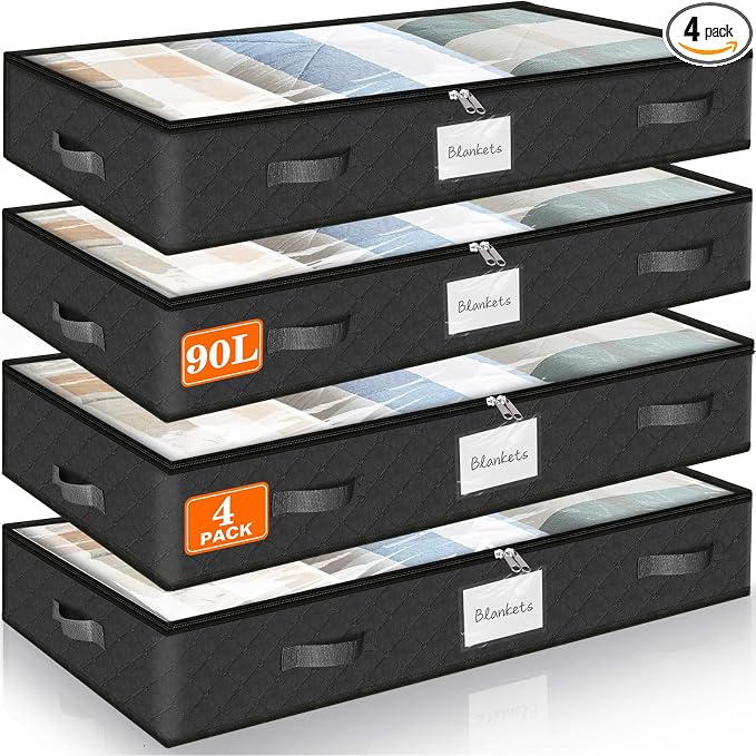 SpaceWhisper 90L Under Bed Storage Containers, 4-Pack Storage Bins with Clear Top, Foldable Closet Organizers and Storage with Label Holder for Clothing, Blankets, Comforter & Pillows(Black)