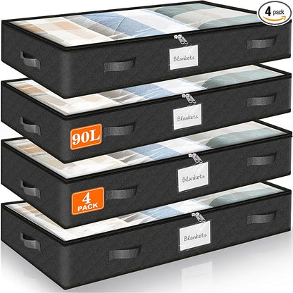 SpaceWhisper 90L Under Bed Storage Containers, 4-Pack Storage Bins with Clear Top, Foldable Closet Organizers and Storage with Label Holder for Clothing, Blankets, Comforter & Pillows(Black)
