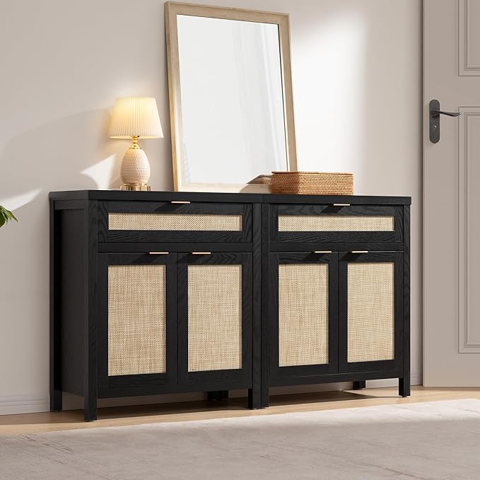 SICOTAS Sideboard Buffet Storage Cabinet, Rattan Accent Cabinet with Doors and Drawer, Modern Credenzas Buffet Table Console Coffee Bar Cabinets for Entryway Living Room, Black