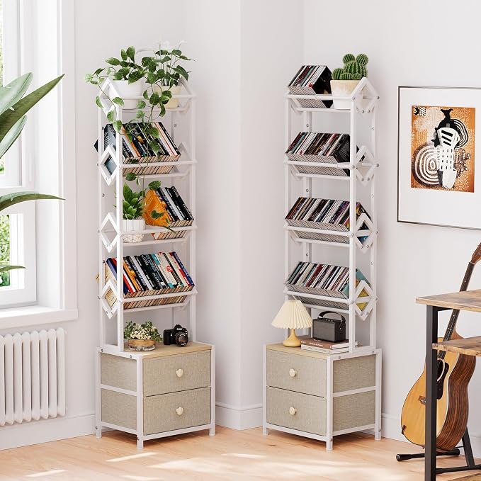 CD Storage Rack with Drawers, 5-Tier Media Organizer DVD Storage Shelf, Large Capacity for CD/DVD, Books & Games, Ideal for Living Room & Home Office, 15.7×11.8×58.7Inches