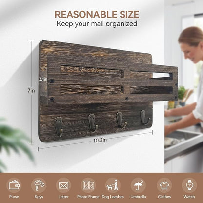 Key Holder Wall Mount Farmhouse Key Hooks for Wall with Mail Organizer Decorative Key Rack with 4 Sturdy Hooks for Dog Leash, Sunglasses, Rustic, Paulownia Key Hanger for Entryway, Brown