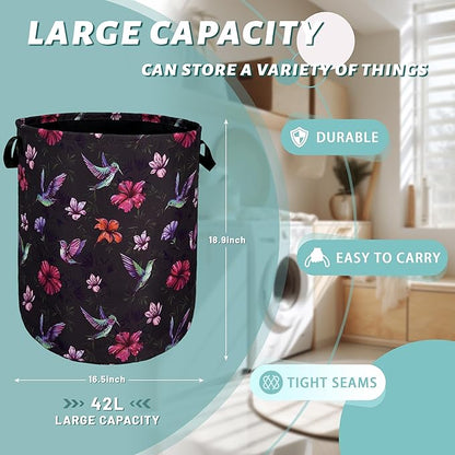 Beautiful Hummingbird Hibiscus Flower Laundry Basket Foldable With Handles Tote Bag Oxford Cloth Colorful Laundry Hamper Clothes Storage Bucket For Bathroom/Laundry/Bedroom 18.9" x 16.5 "