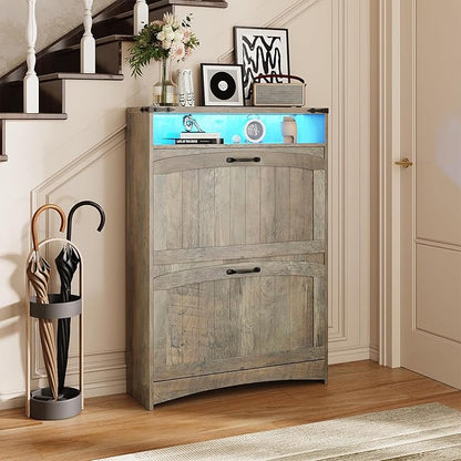 Rustic Gray Shoe Storage Cabinet, Slim Hidden Shoe Rack Organizer Cabinet, with 2 Flip Drawers & Open Storage & RGB Lights, for Entryway, Front Door Entrance, Hallway