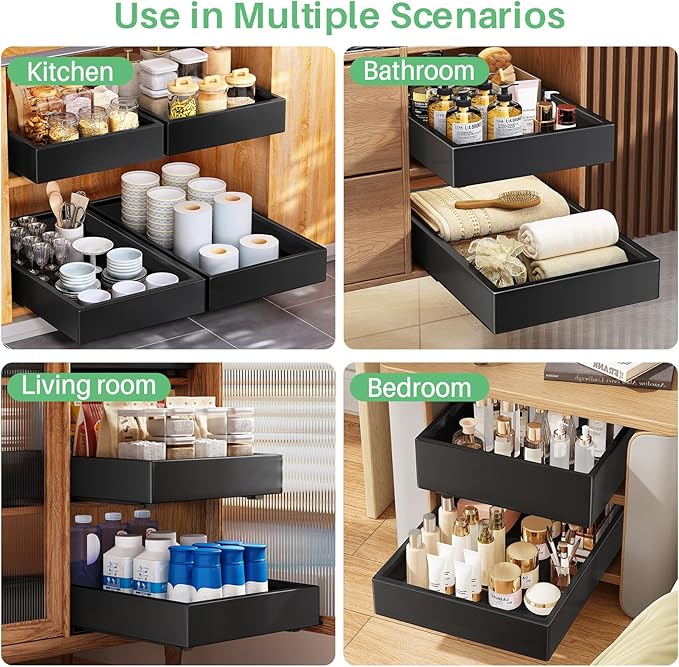 Pull out Cabinet Organizer, 21"Deep, 16.9"Wide Heavy Duty Full-Extension Slide out Drawers with Nano Adhesive, Roll Out Shelves Sliding Cabinet for Kitchen, Bathroom, Pantry,under sink Storage(Black)