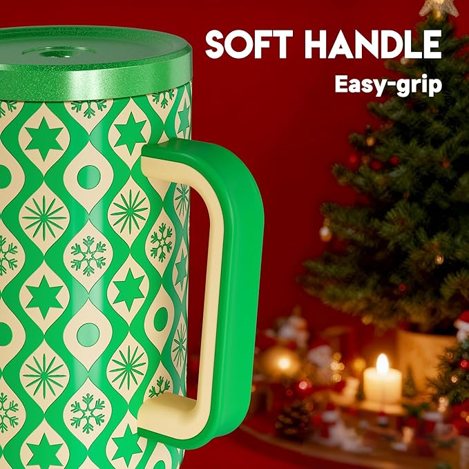 Meoky 40 oz Christmas Tumbler with Handle and Straw, Xmas Tumbler with Lid and Straw, Insulated Stainless Steel Travel Mug, Christmas Gifts for Women Men Adults (Emerald Cheer)
