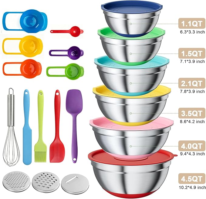 20-Piece Mixing Bowls Set with Airtight Lids – 6 Stainless Steel Kitchen Bowls (4.5QT, 4QT, 3.5QT, 2.1QT, 1.5QT, 1.1QT), 3 Grater Attachments, Non-Slip Silicone Bottoms, Perfect for Baking & Serving