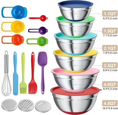 20-Piece Mixing Bowls Set with Airtight Lids – 6 Stainless Steel Kitchen Bowls (4.5QT, 4QT, 3.5QT, 2.1QT, 1.5QT, 1.1QT), 3 Grater Attachments, Non-Slip Silicone Bottoms, Perfect for Baking & Serving