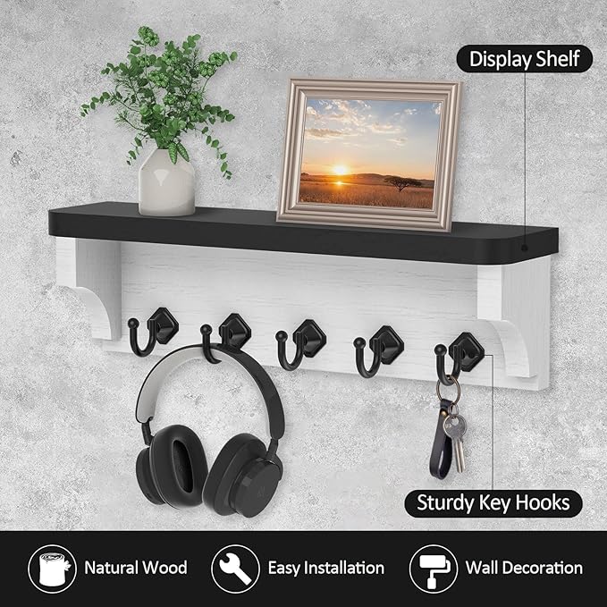 Nekon Key Holder for Wall, 11.8" W x 3.5" H x 2.8" D Decorative Key Organizer with Floating Shelf, Wall Mount Key Rack with 5 Hooks (Black)