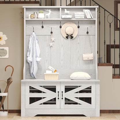 Itaar Hall Tree with Bench and Shoe Storage, 5-in-1 Entryway Bench with Coat Rack, 10 Shoe Cubbies & 9 Coat Hooks, Barn Door & Adjustable Shelf (Embossed White)