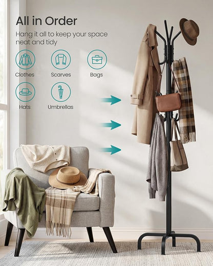 SONGMICS Coat Rack Freestanding with 16 Hooks, Metal Coat Tree Stand with 4 Adjustable Feet, Clothes Hanger Stand for Entryway Bedroom Living Room Hallway Office, Ink Black URCR083BH01S