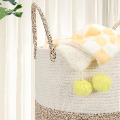 Eblog 58L Cotton Rope Laundry Basket (20"x15"), Woven Storage Basket for Laundry, Living Room, Nursery, Bedroom, Blankets (White/Brow)