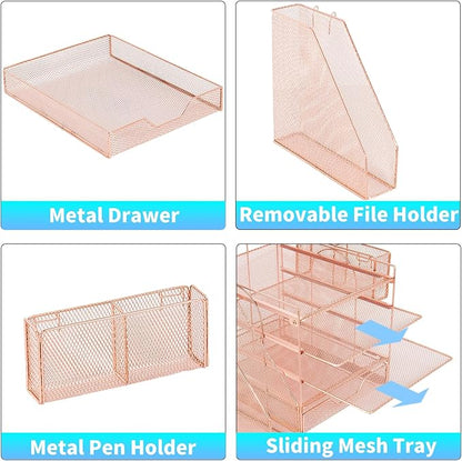 Desk Organizers and Accessories, 5-Tier Paper Letter Tray Organizer with File Holder, Drawer & Pen Holder, Office Desk Accessories, Desktop Organizer for Classroom Office Supplies, Rose Gold