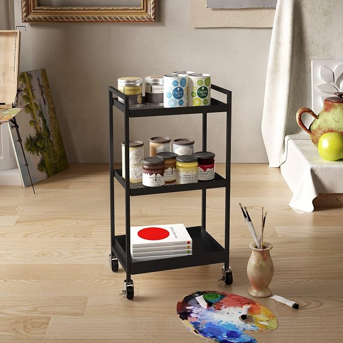 3-Tier Metal Utility Rolling Cart, Heavy Duty Multifunction Rectangular Cart with Lockable Casters, Easy to Assemble, Suitable for Office, Bathroom, Kitchen - Black