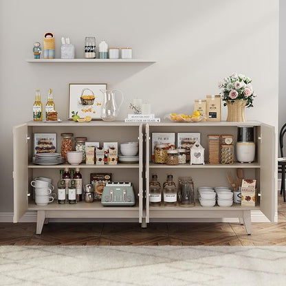 Buffet Cabinet with Storage, Distressed Storage Cabinet with 4 Carved Doors and Adjustable Shelf, Wooden Accent Sideboard Buffet Cabinets for Kitchen, Living Room, Entryway, Natural