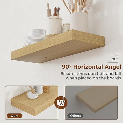 Heimlove 24 Inch Floating Shelves for Wall Oak Shelves Set of 2,Wall Mounted Rustic Wood 8 Inch Deep Floating Shelf with Invisible Brackets for Bedroom Kitchen Living Room