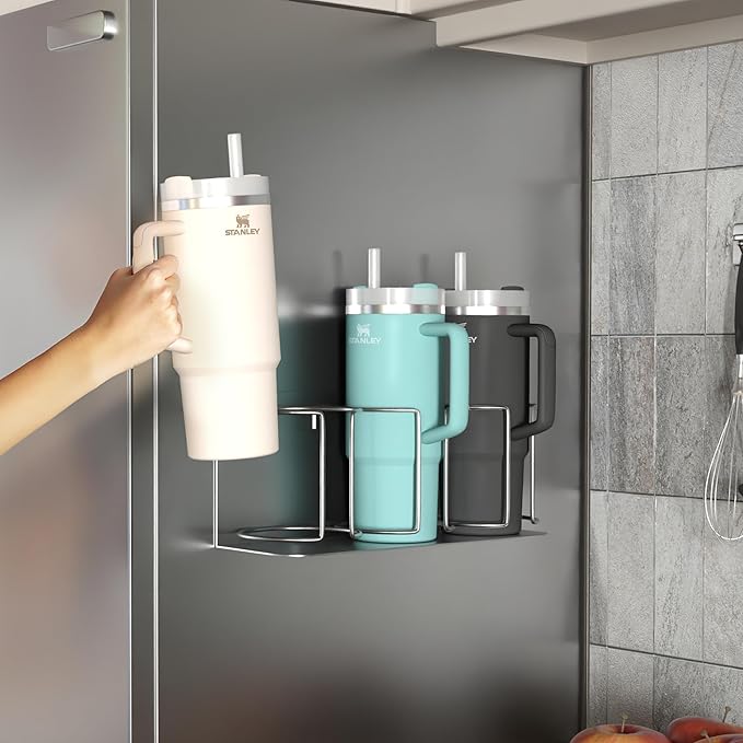 Sorbus Stanley Cup Organizer – 3-Cup Holder for Cabinet, Fridge, or Wall – Magnetic or Screw Mount – Stanley Storage Organizer for 20oz 30oz 40oz Cups, Tumblers, and Water Bottles (Silver 1-Pack)