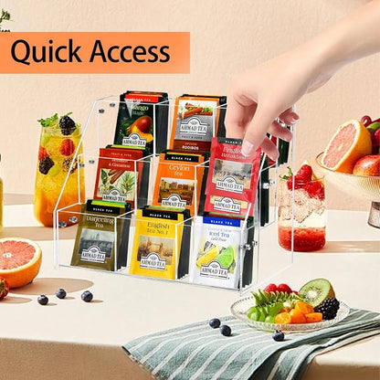 Tea Bag Organizer Holder, Acrylic Tea Packets Storage Box Container Display Stand Rack for Counter Cabinet Countertop Kitchen Office, 3 Tier
