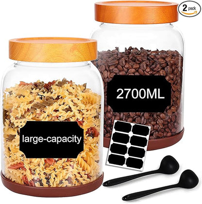 SAIOOL 2-Pack Striped Borosilicate Glass Airtight Canisters - Big mouth Large Capacity, Acacia Wood Lid, Food Storage Jars for Flour, Pasta, Pantry Organization (3/4 Gallon （Strew 2 pack）)