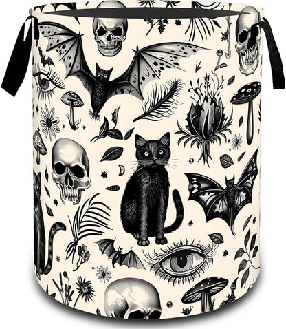 Gothic Black Cat Skull Bat Laundry Basket, Dirty Collapsible Clothes Toy Organizer Hamper for Kids Adults, Oxford Cloth Waterproof Storage Bin for Bathroom Halloween Decor Gifts, 19.7"X15.7"