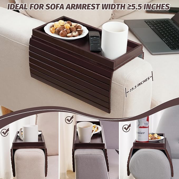 GEHE Bamboo Sofa Arm Tray, Foldable Couch Arm Tray Side Table, Anti-Falling Armrest Tables Cup Holder for Snacks, Drinks, Beers, Phone, Control, Flexible and Portable, Anti-Slip