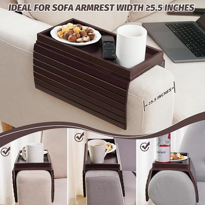 GEHE Bamboo Sofa Arm Tray, Foldable Couch Arm Tray Side Table, Anti-Falling Armrest Tables Cup Holder for Snacks, Drinks, Beers, Phone, Control, Flexible and Portable, Anti-Slip