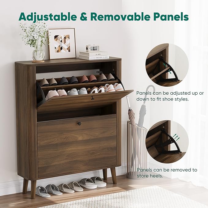 Smuxee Walnut Shoe Cabinet with 2 Flip Drawers, 31.5" Hidden Shoe Storage Cabinet with Curved Edge & Grille Stripe, Freestanding Shoe Organizer Cabinet for Entryway, Hallway, Living Room