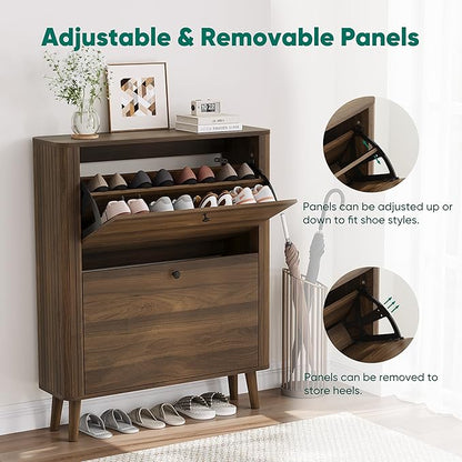 Smuxee Walnut Shoe Cabinet with 2 Flip Drawers, 31.5" Hidden Shoe Storage Cabinet with Curved Edge & Grille Stripe, Freestanding Shoe Organizer Cabinet for Entryway, Hallway, Living Room