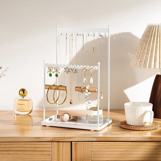 3 Tier white Jewelry Stand, Necklace Organizer, Earring Holder with 44 Holes and 9 Hooks, for Necklaces, Bracelets, Rings