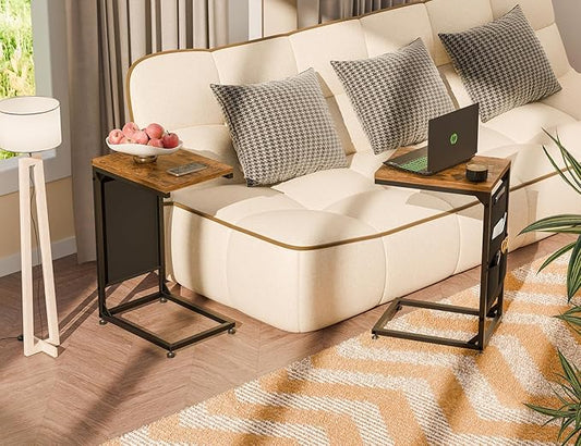 Simple Trending C Shaped End Table, Side Table TV Trays Set of 2 with Fabric Storage Bag, Couch Sofa Table for Living Room, Rustic Brown