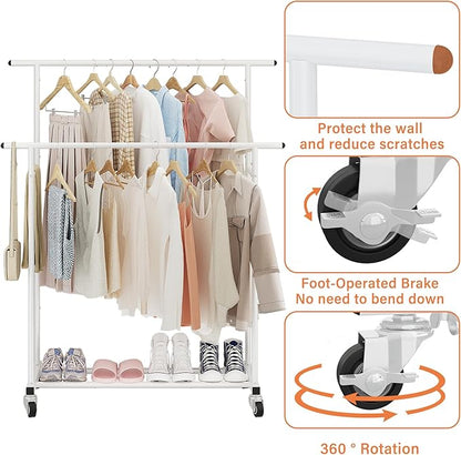 Calmootey Double Rod Clothing Garment Rack,Rolling Hanging Clothes Rack,Portable Clothes Organizer for Bedroom,Living Room,Clothing Store,White