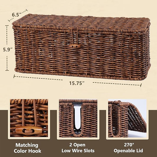 BROWNLILY Cable Management Box, Rattan Style Cord Organizer for Desk Cord Hider Outlet Covers for Power Strip TV PC Router Charger Under Desk Storage with Lockable Lid and Cable Ties
