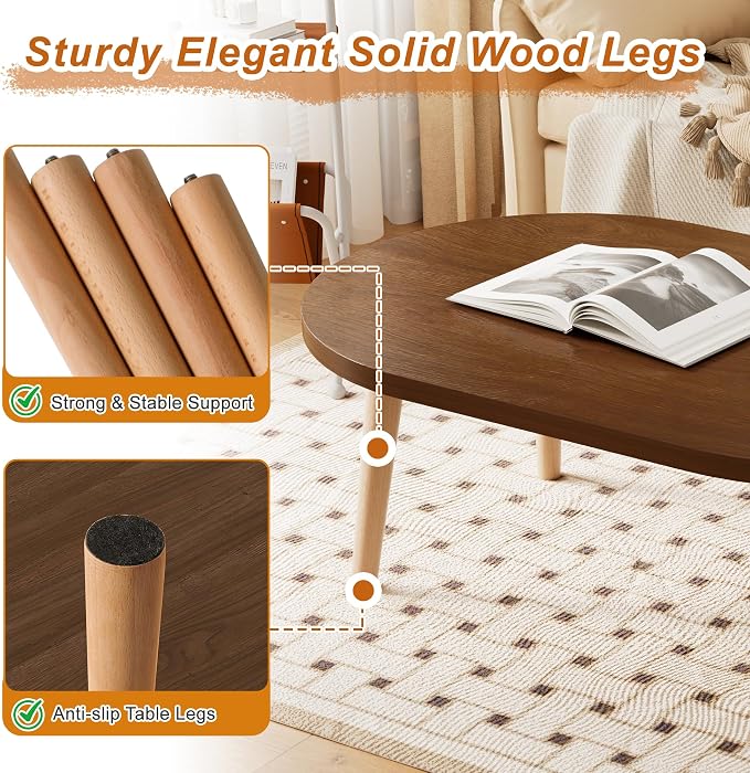 Coffee Table Low Table with Solid Wood Legs, 31.5x19.7 Large Coffee Table Side Table, Floor Table Desk for Sitting on The Floor, Living Room Furniture for Office Apartment Home, Oval Walnut